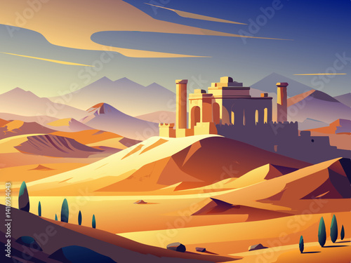 colorful illustration of a desert scene with ancient ruins