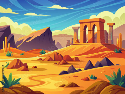 colorful illustration of a desert scene with ancient ruins