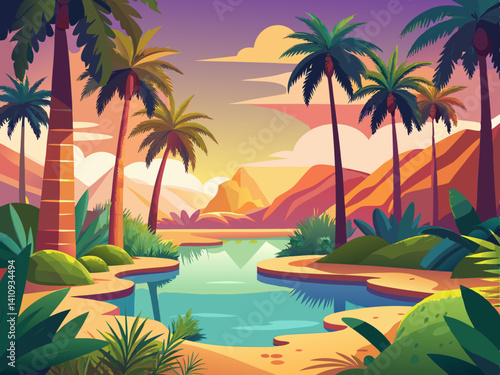 colorful illustration of a desert oasis with palm trees