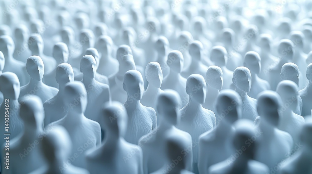 Obraz premium Crowd of blank, featureless, white figures. Uniformity in rows