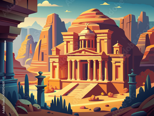 colorful illustration of a petra jordan ancient sandstone city