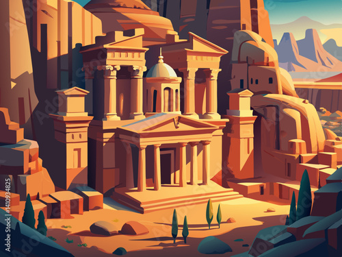 colorful illustration of a petra jordan ancient sandstone city