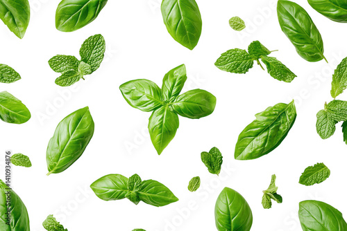 Fresh Green Basil Leaves Floating  isolated on transparent background