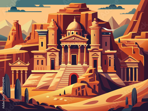 colorful illustration of a petra jordan ancient sandstone city