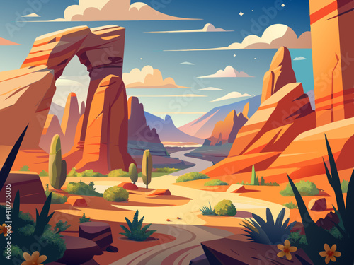 colorful illustration of a rocky desert with arched rock