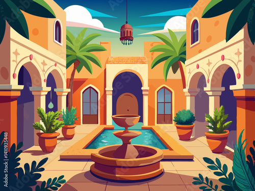 colorful illustration of a traditional middle eastern courtyard