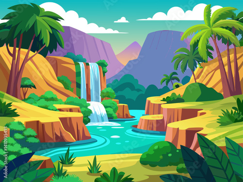 vibrant colorful illustration of a waterfall with valley rock cliff scenery