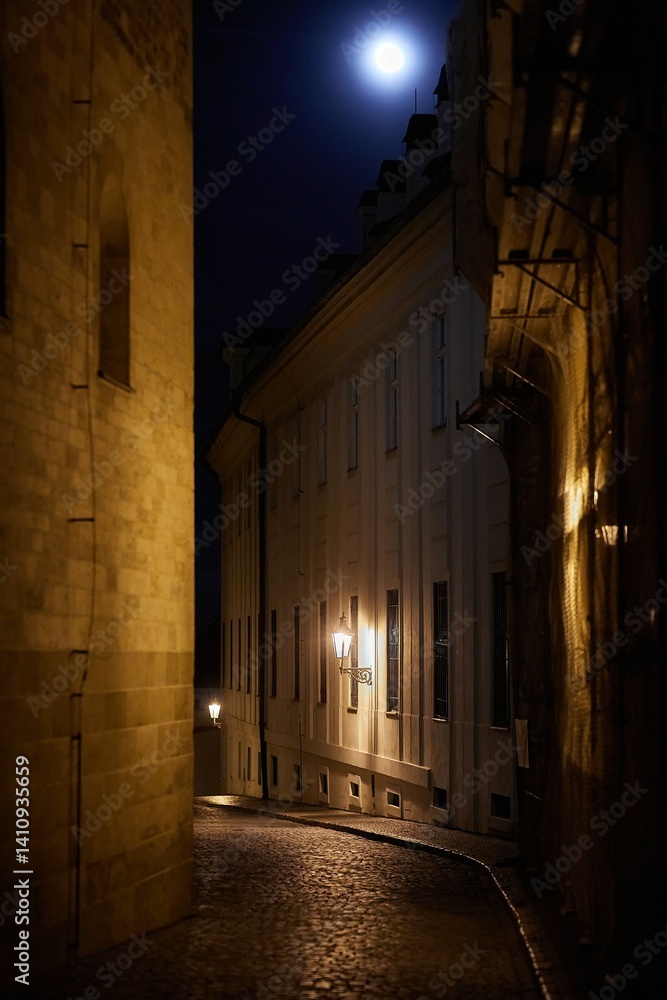 Night view of street at Prague Castle