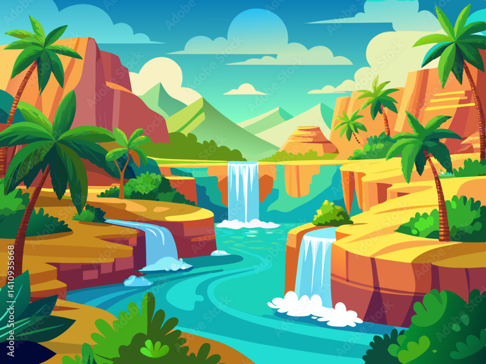 Obraz premium vibrant colorful illustration of a waterfall with valley rock cliff scenery
