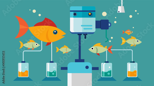 Handsfree feeding systems for fish where automated dispensers release just the right amount of food for optimal growth.. Vector illustration