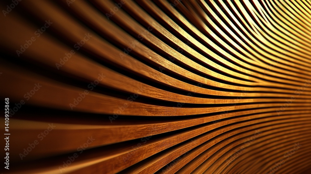 Naklejka premium Curved wooden slats create dynamic, textured surface. Light accentuates form