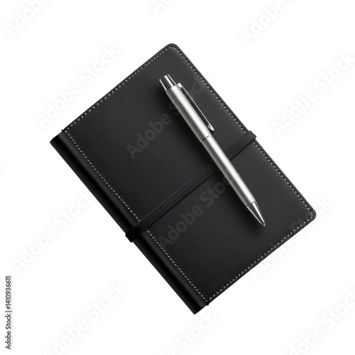 Sleek silver pen resting on classic black leather notebook with elastic band