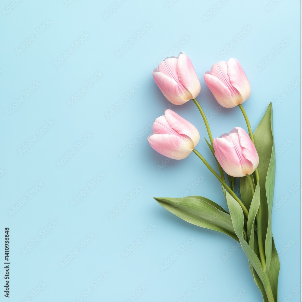 Fototapeta premium Pink tulips on blue background