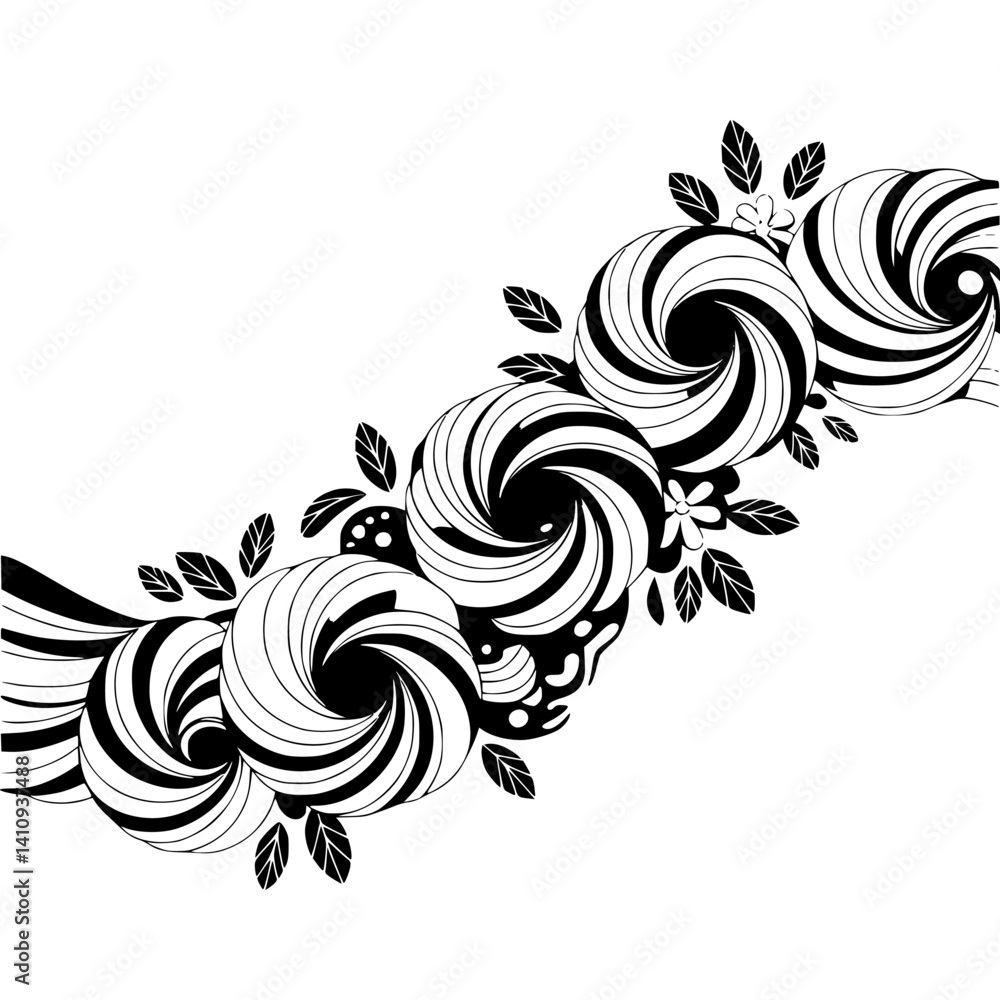 Fototapeta premium Abstract Swirls with Leaves, Black and White Floral Design