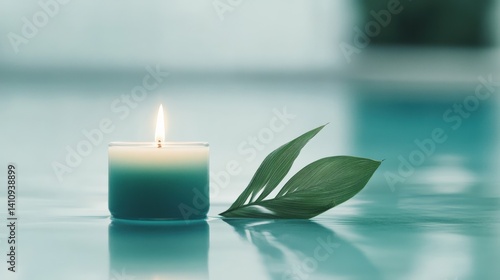 Teal candle and leaves on water