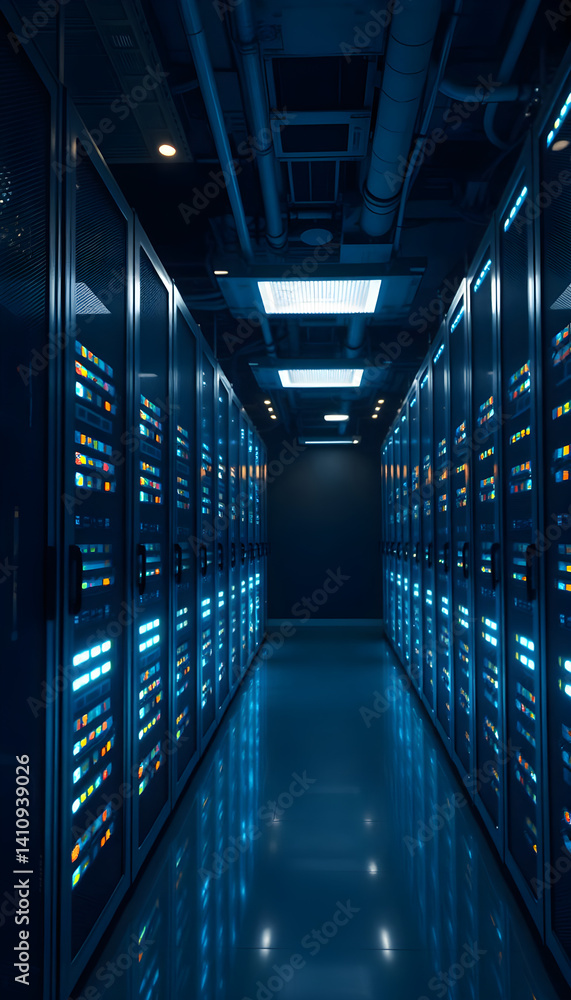 Fototapeta premium long hallway with rows of servers in a data center