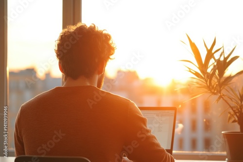 Man working on laptop at sunset