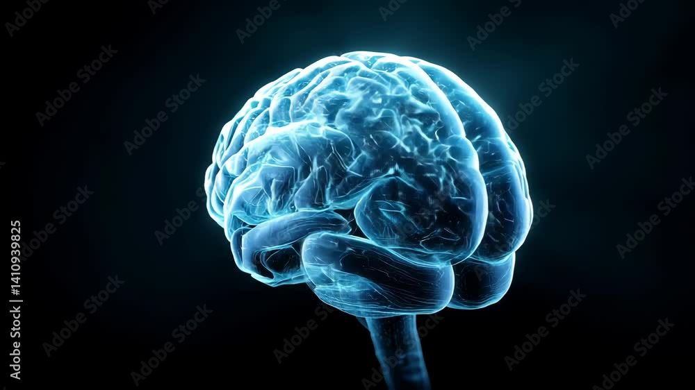 Futuristic digital hologram of human brain in blue light on dark background, 3D neural scan for AI, neuroscience, technology or medical visualization