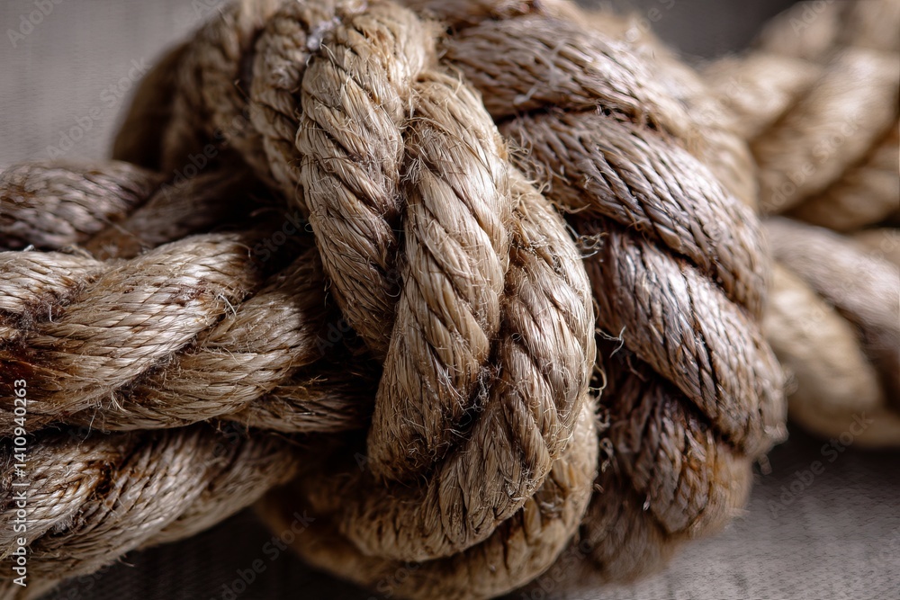 Close up shot of a thick brown rope showing the intricate details and texture of the intertwined strands Close up shot of a thick brown rope showing the intricate details and texture of the intertwined strands