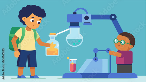 A boy with a backpack looks on in awe as a robotic arm gracefully pours a perfectly measured mixture into a beaker controlled by a fellow childs precise commands.. Vector illustration