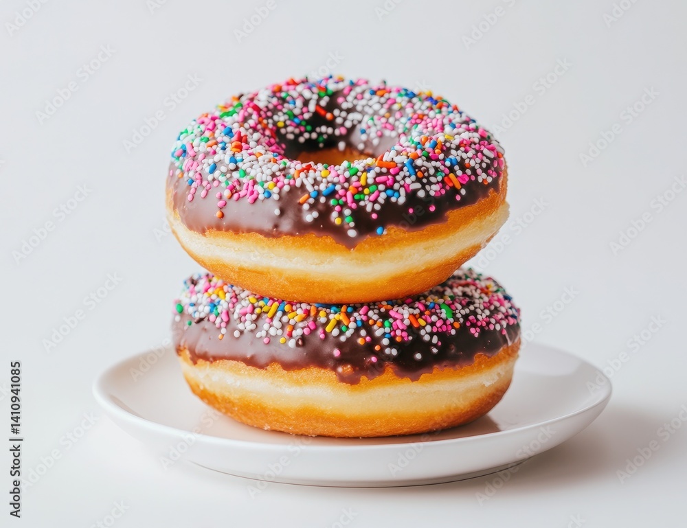 Two chocolate-glazed donuts with sprinkles, stacked on a white plate Two chocolate-glazed donuts with sprinkles, stacked on a white plate