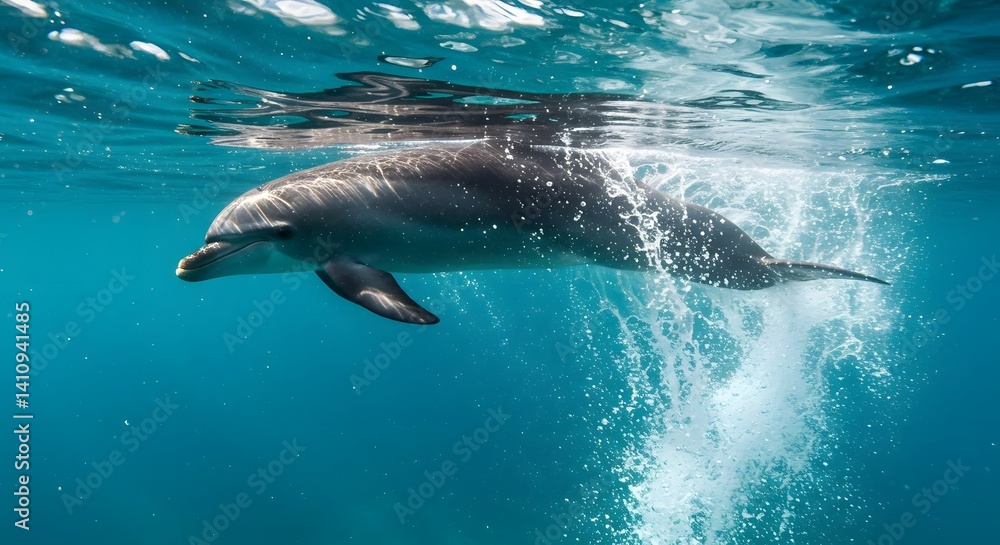 Obraz premium A captivating image of a dolphin gracefully swimming in the crystal-clear, blue ocean.