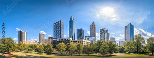 Panoramic City Skyline of Downtown Atlanta with Skyscrapers and Blue Sky