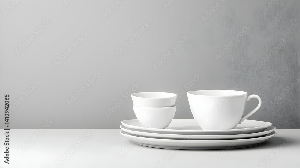 Stacked White Dishes And Cups On White Table Against Gray Background Stacked White Dishes And Cups On White Table Against Gray Background