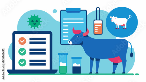 Digital record keeping of livestock health vaccinations and information improving animal management and productivity.. Vector illustration