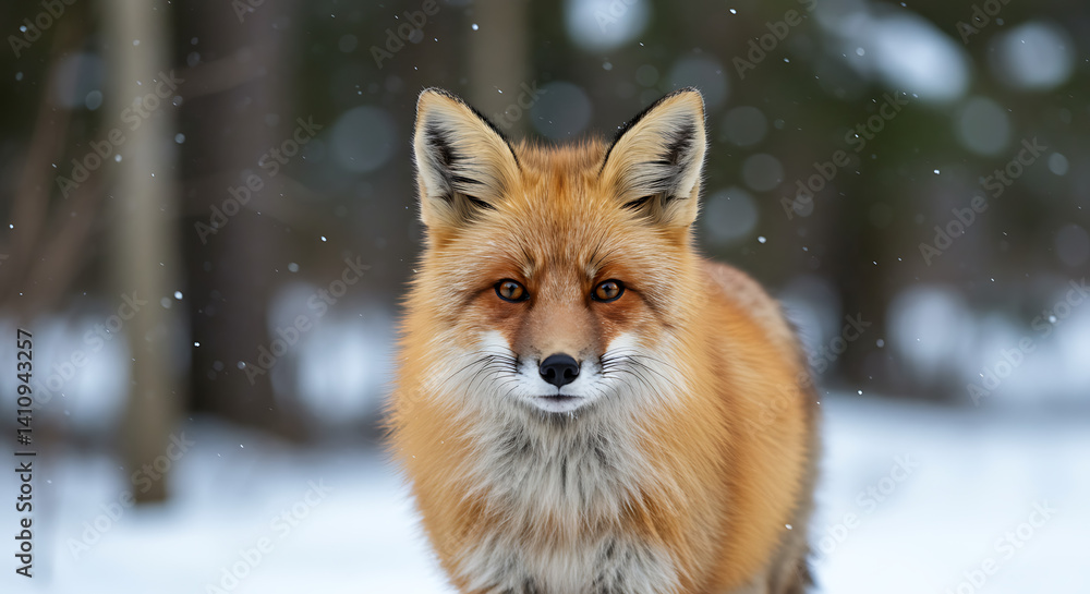 Obraz premium Close-up of a red fox in a snowy landscape, looking directly at the camera with blurred trees in the background. Stock photography style.