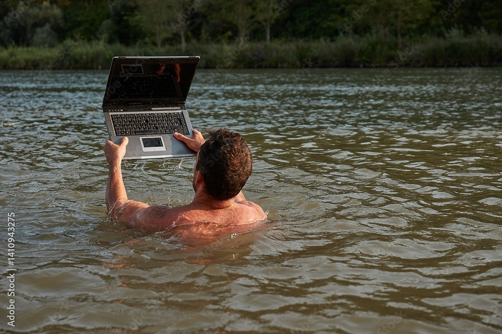 Using work laptop on the beach, in the water