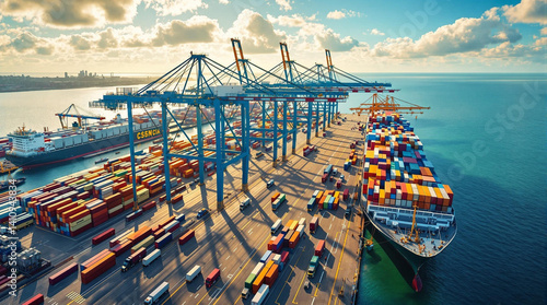 Aerial view of a bustling maritime logistics terminal sea port, drone view.