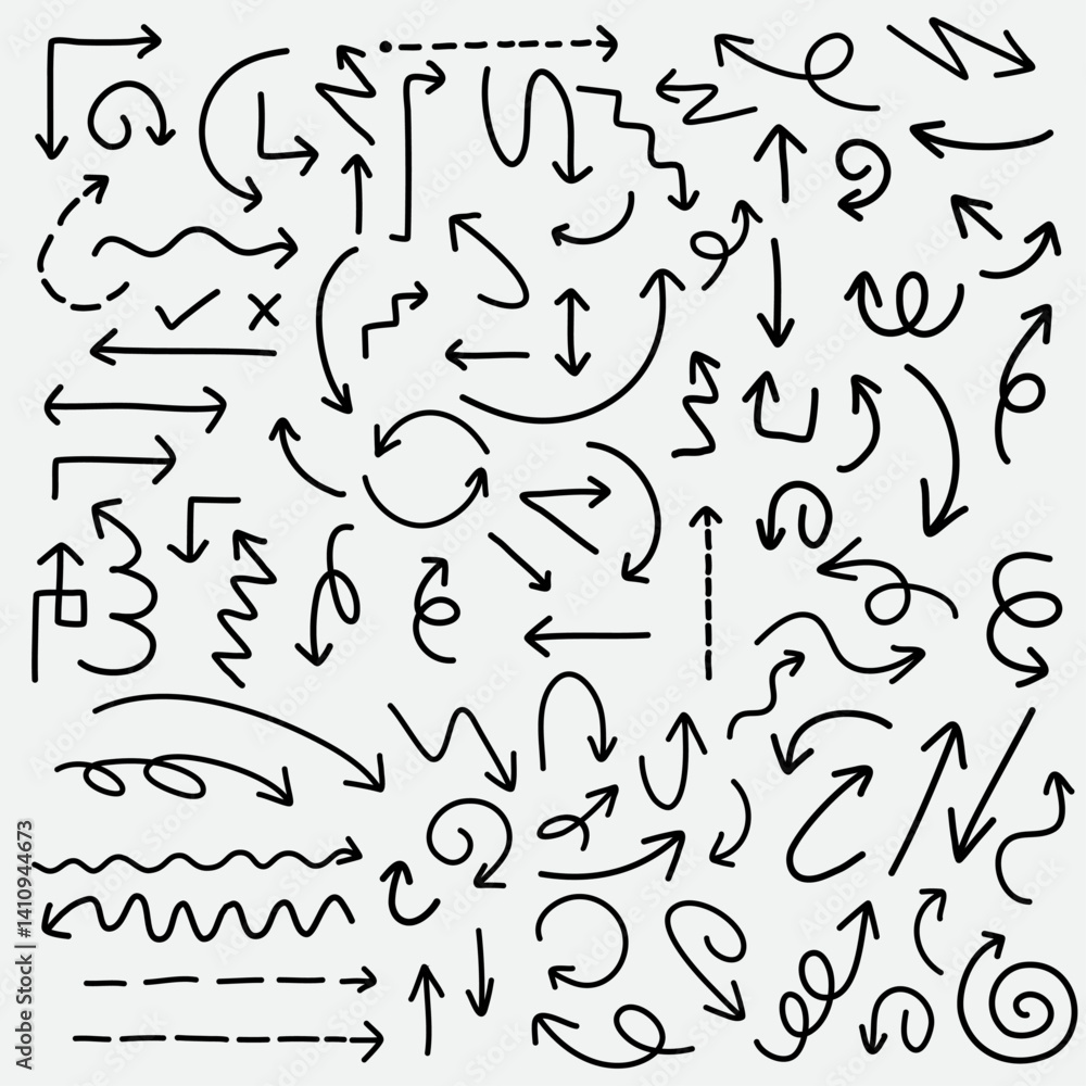 Hand drawn arrow icons set, sketch style arrow doodles, black ink pointer symbols collection, vector illustration for design, direction, infographic elements, UI arrows, pointer line art elements Hand drawn arrow icons set, sketch style arrow doodles, black ink pointer symbols collection, vector illustration for design, direction, infographic elements, UI arrows, pointer line art elements