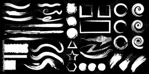 Vector grunge brush pack with textured paint strokes and ink lines, hand drawn brush stroke elements for graphic design, grungy borders, smudges, minimal accents, poster art, and visual overlays