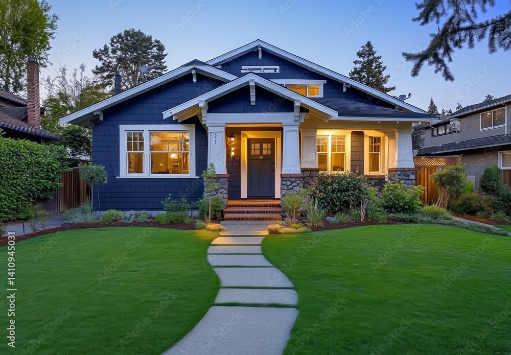 Obraz premium Dark Blue Craftsman-Style Home with White Trim and Pathway
