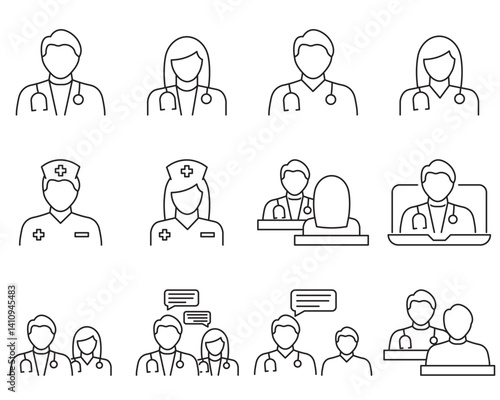 Doctor and nurse line icon set vector illustration, medical staff avatar symbols in minimal outline style, healthcare professional icons for hospital UI, clinic design and health infographic
