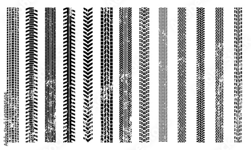 Collection of diverse tire tracks isolated on white background showing different tread patterns from various vehicles, including off-road, bicycle, motorcycle, and heavy-duty truck tires