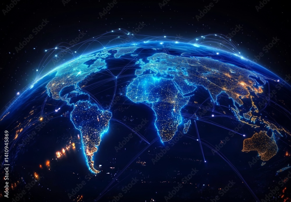 Digital Map of Earth with Global Network Connections and City Lights at Night Digital Map of Earth with Global Network Connections and City Lights at Night