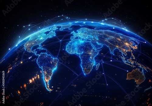 Digital Map of Earth with Global Network Connections and City Lights at Night