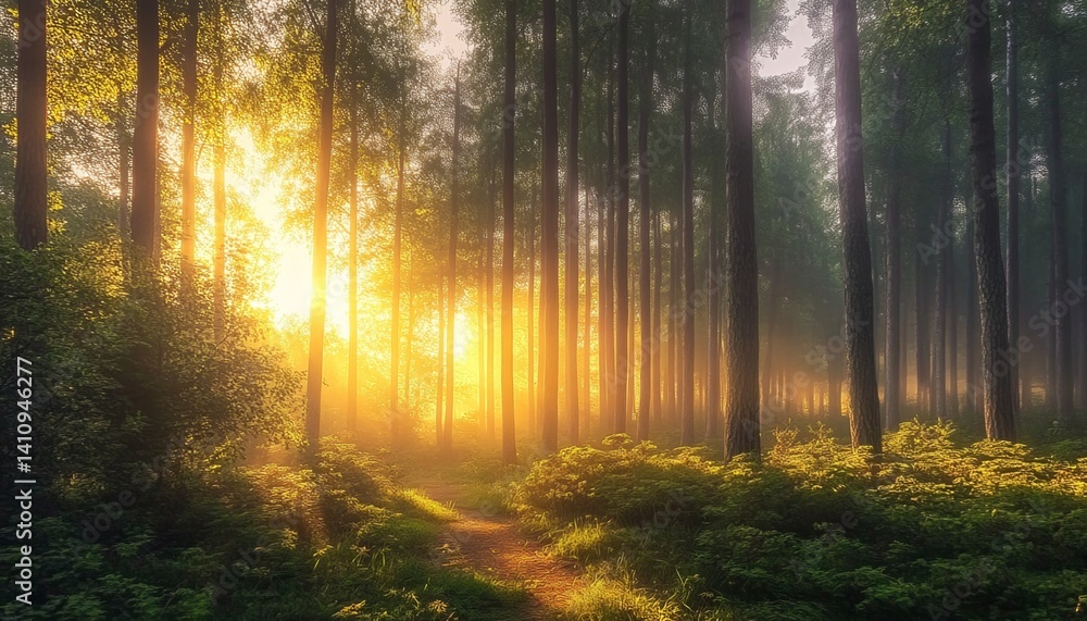Naklejka premium Sunrise in the Forest with Tall Trees and Sunlight Filtering Through