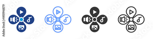 Multimedia Content icon set multiple style collection