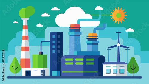 A power plant uses sophisticated predictive algorithms to analyze data from sensors on their turbines allowing them to schedule maintenance during periods of low energy demand.. Vector illustration