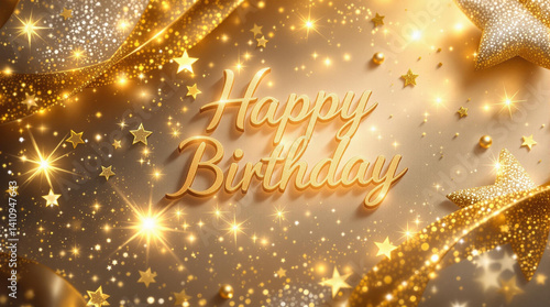 Elegant 'Happy Birthday' greeting card design, featuring luxurious golden and silver tones throughout.
