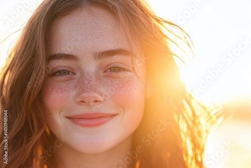 Smiling freckled girl backlit by sun