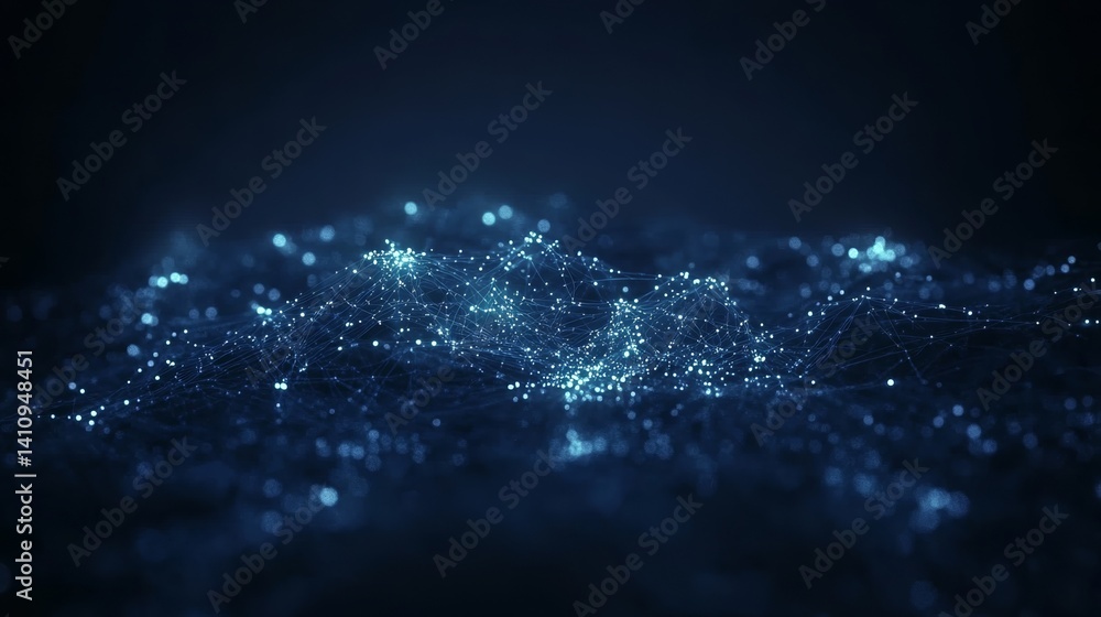 Obraz premium Abstract Dark Blue Digital Background with Glowing Network Dots and Cloud-Based Big Data Flow Mesh Grid for Technology and Connectivity Concepts