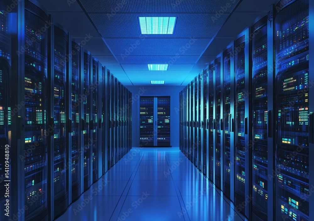 Fototapeta premium High-Tech Data Center with Blue Lighting Featuring Server Cabinets Representing Cloud Computing and Cybersecurity Infrastructure