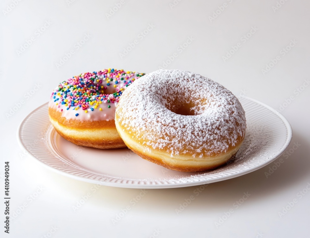 Two donuts, one with sprinkles, one powdered sugar, on a plate (2) Two donuts, one with sprinkles, one powdered sugar, on a plate (2)
