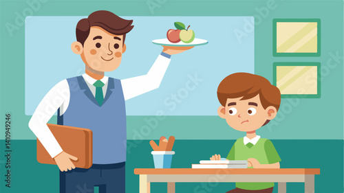 In a classroom a teacher pauses his lesson as a young student raises their hand pointing to an empty plate on their desk the meager school lunch unable to meet their nutritional. Vector illustration