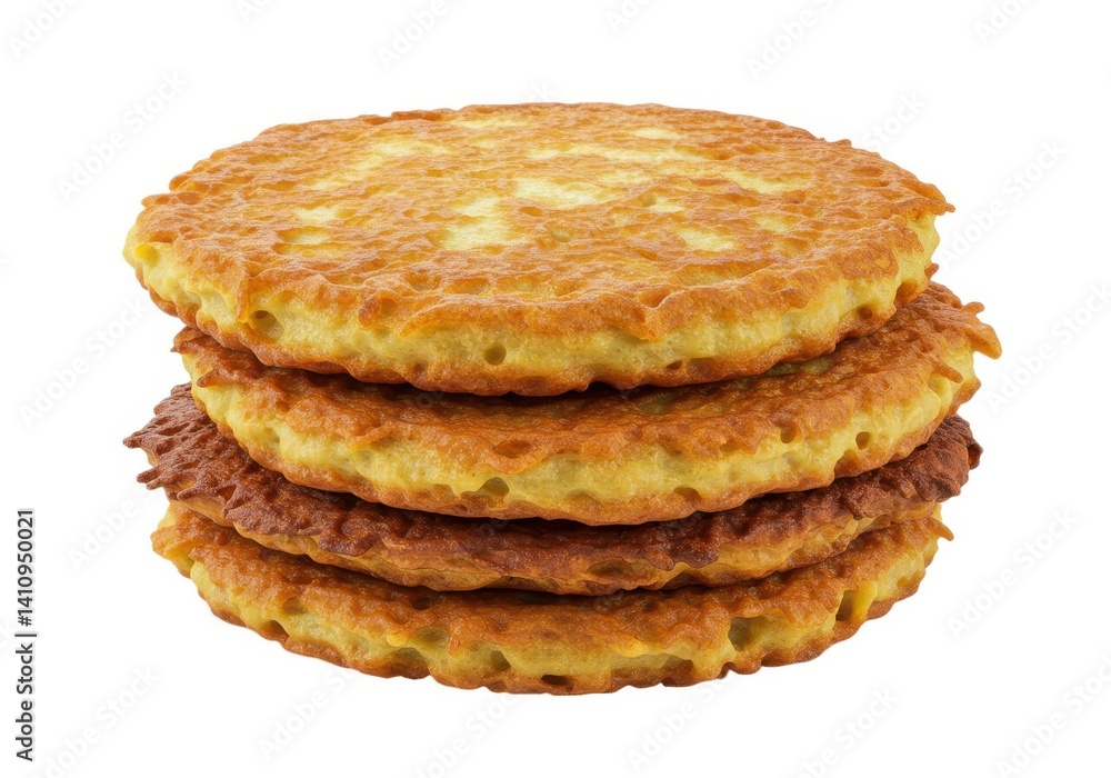 Stack of golden potato pancakes fritters recipe closeup isolated on white background Stack of golden potato pancakes fritters recipe closeup isolated on white background