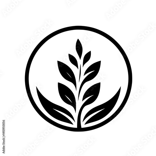 Minimalist Plant Logo in Circle, Black and White, Vector